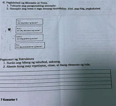 B Paglalahad nga mensahe at tema 1 Tukuyin .